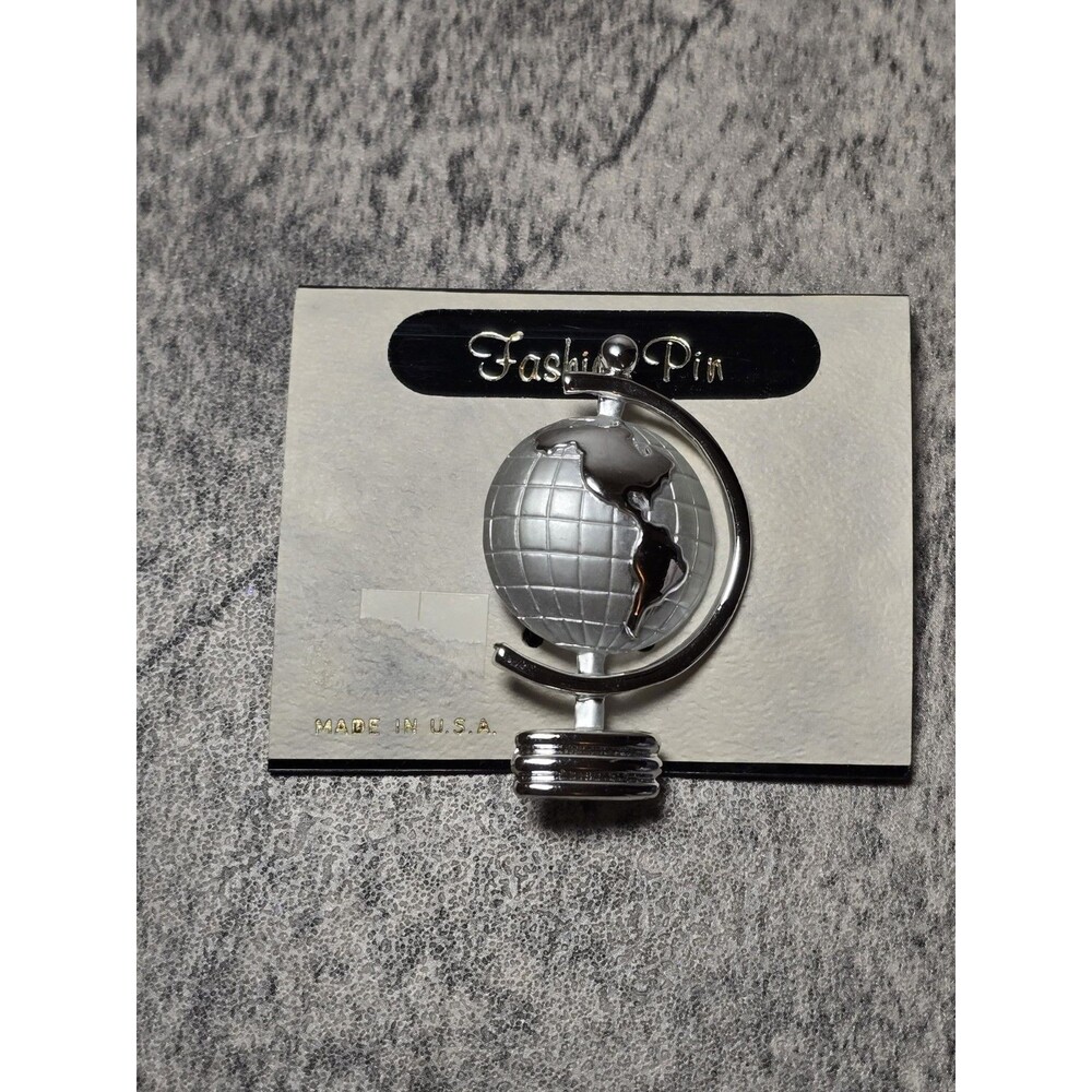 Vtg Silver Tone Globe Brooch Pin Made in USA Teacher Gift Historian Professor